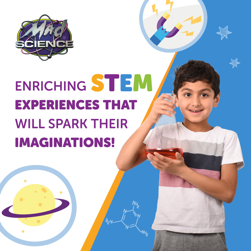 Mad Science enriching STEM experiences that will spark their imaginations. Boy holding a beaker.